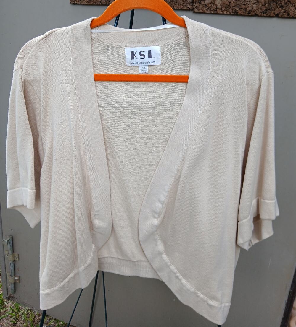 KSL Karin Steven's Beige Short Sleeve 3X Cardigan Shrug Topper Fall Autumn Tan